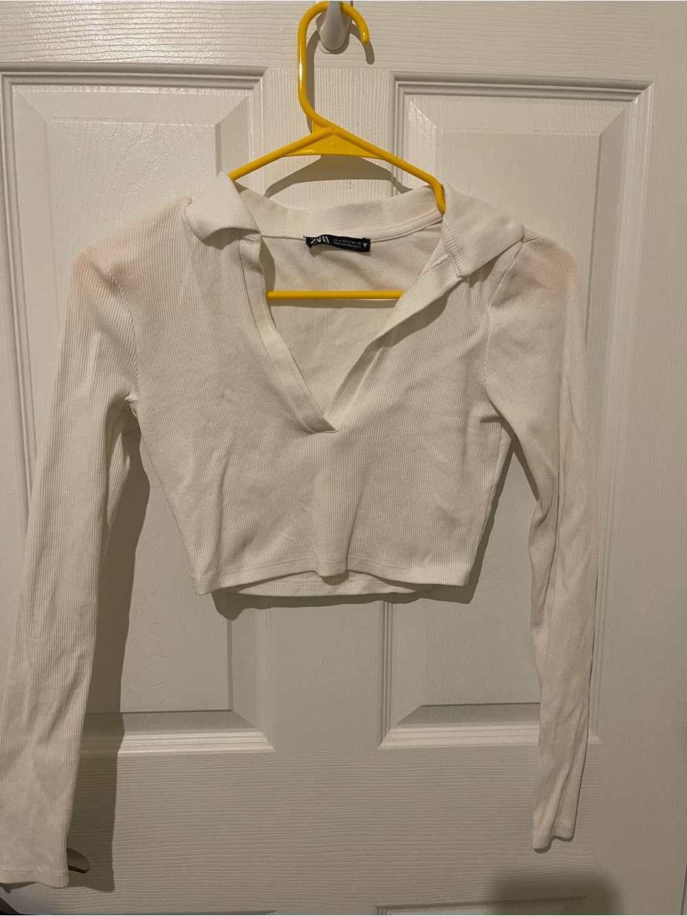 Zara White Ribbed Cropped Polo Top